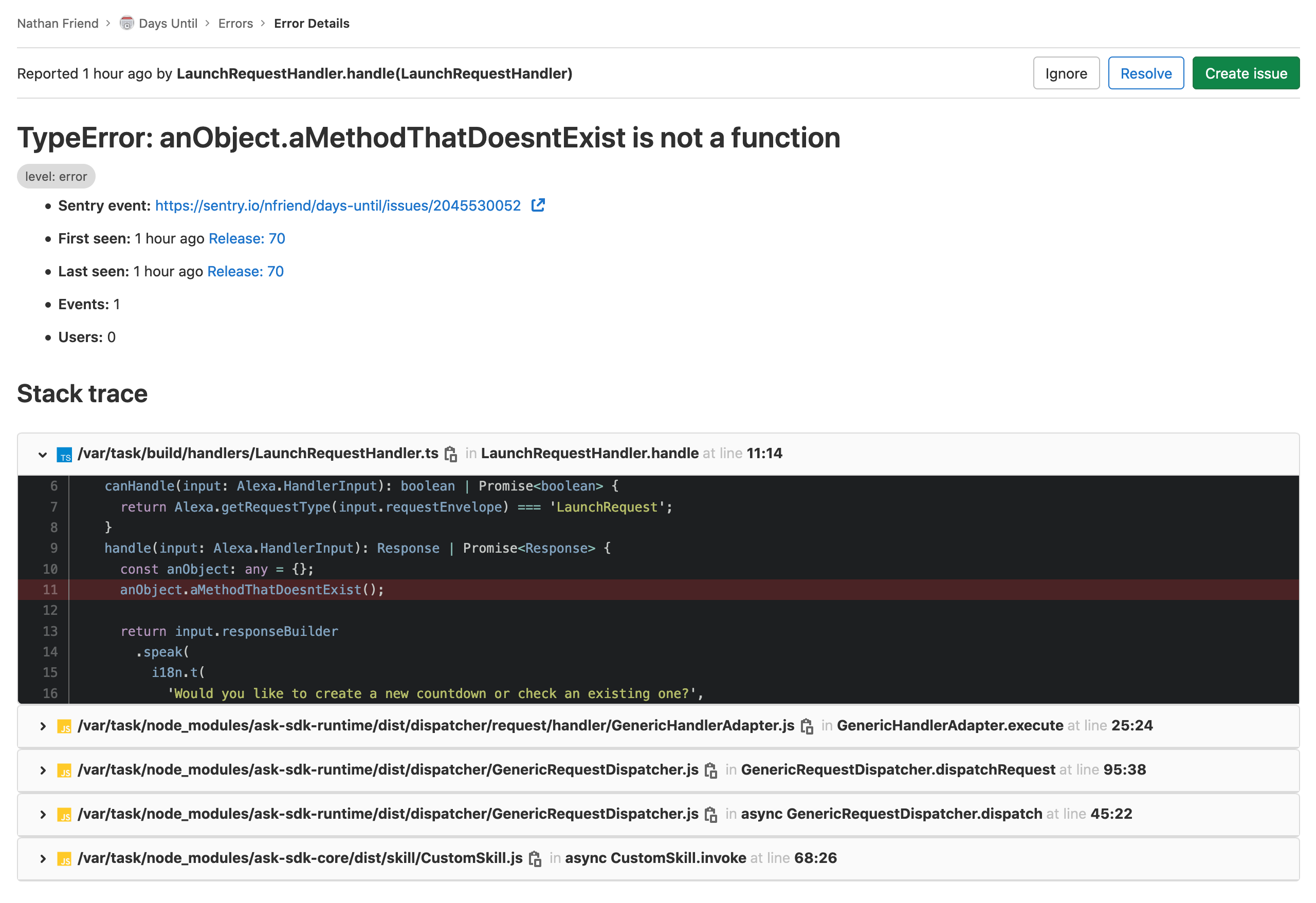 A screenshot of GitLab's Error Tracking page showing an issue's details