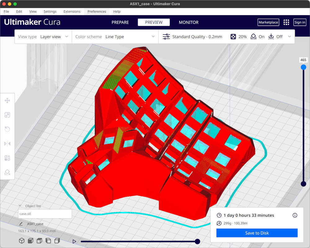 A screenshot of the final STL being sliced in Cura