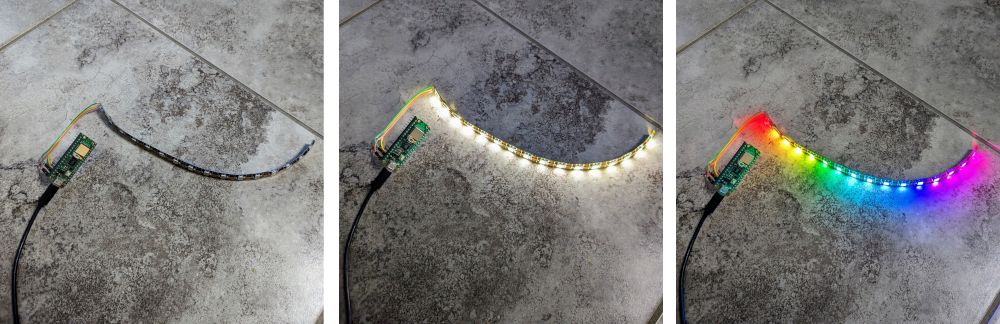 A side-by-side showing the LED strip off, white, and rainbow